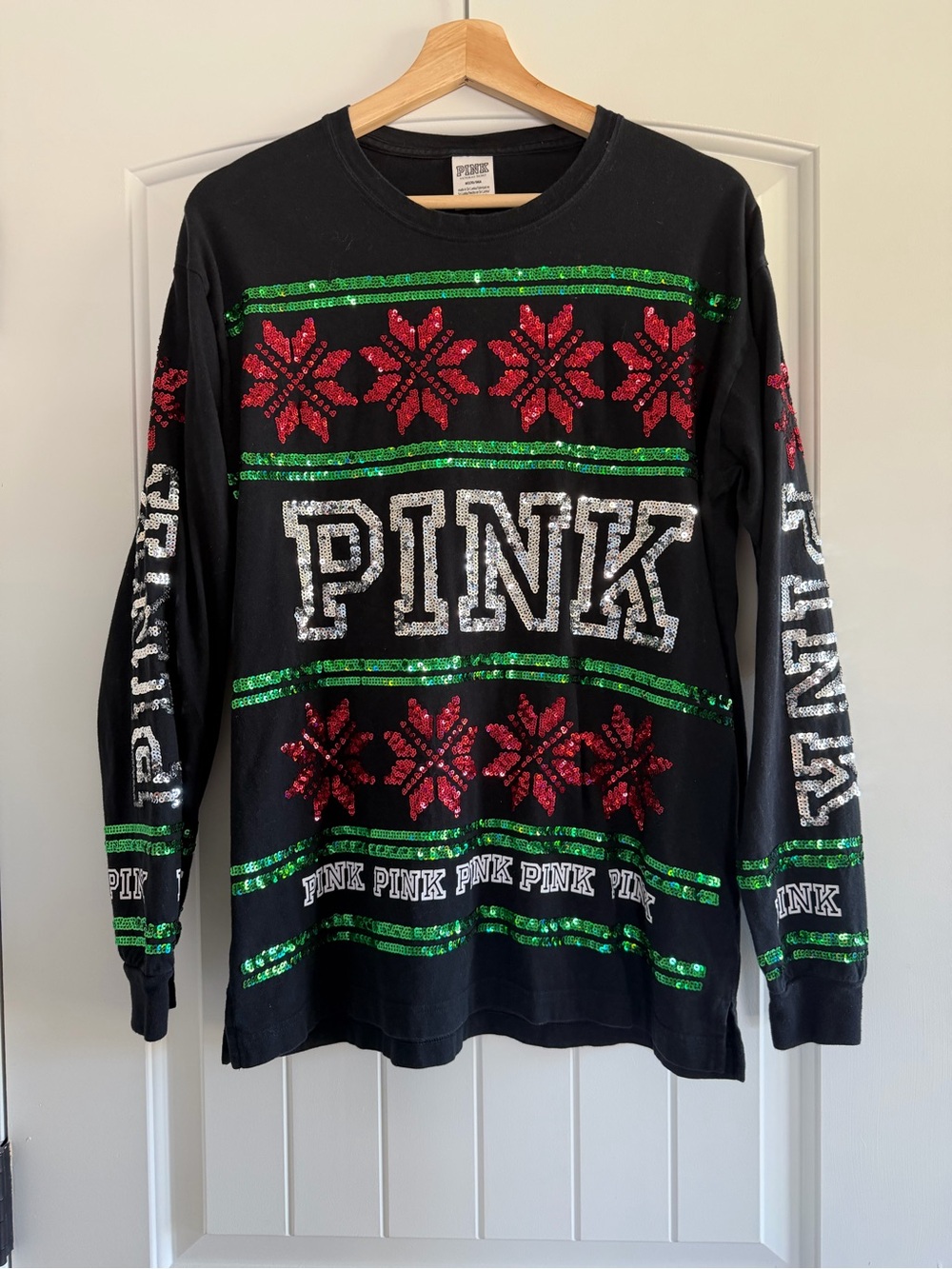 Victoria's Secret Pink Black Sequined Christmas Long Sleeve Shirt Size Med